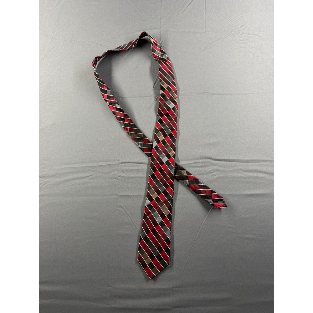Van Heusen Mens Silk Tie Red Black Gray Geometric Plaid Necktie 3.25"